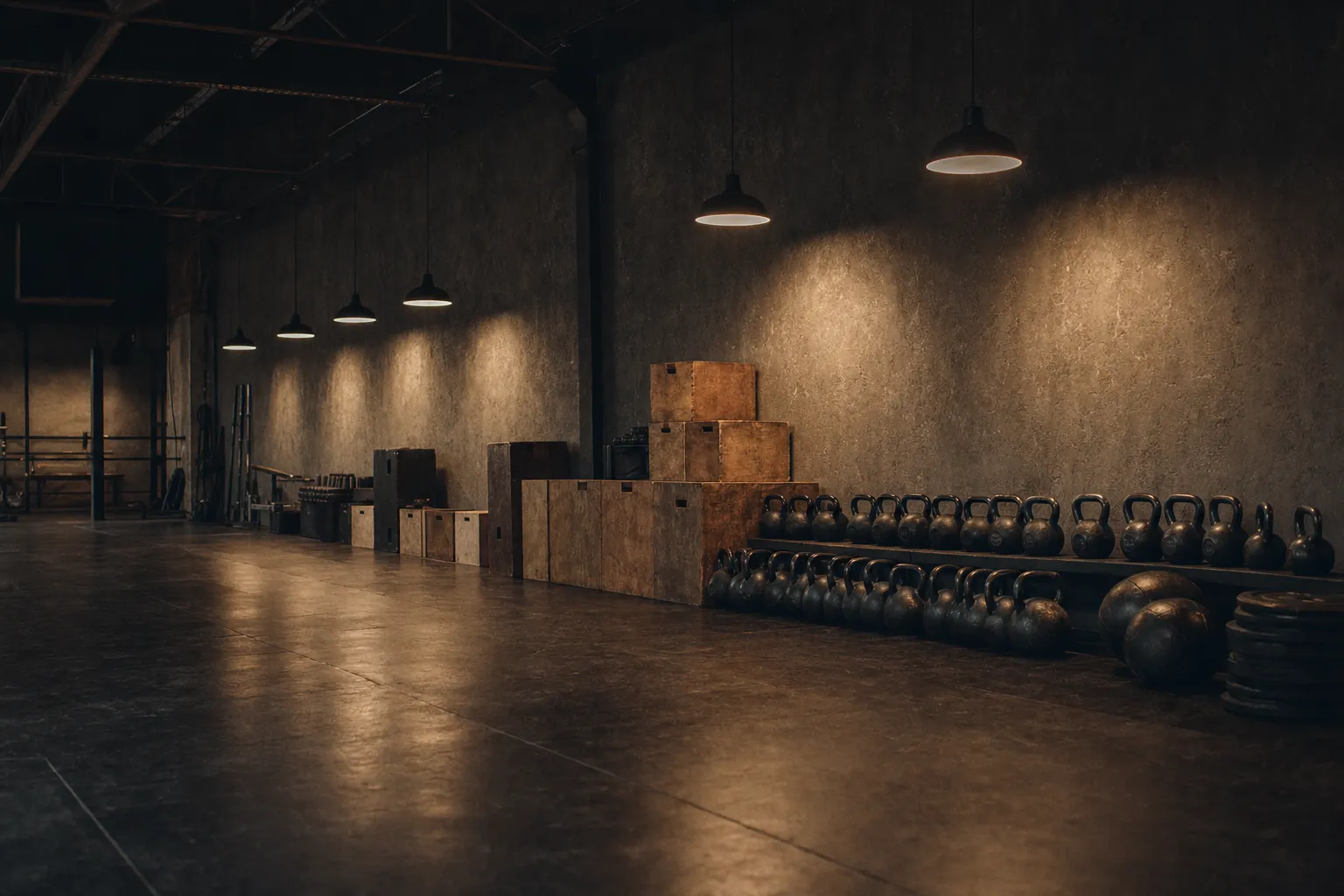 Studio de cours collectifs vide, kettlebells alignés le long du mur