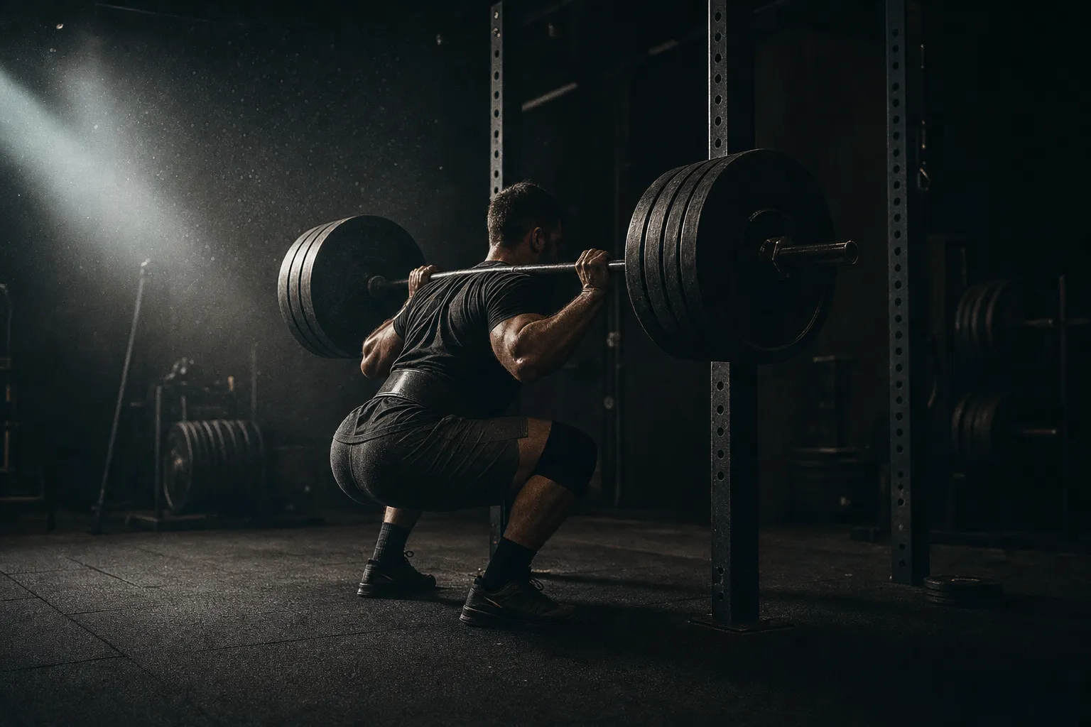 Plateau de force en éclairage rasant, athlète en série de squat dans un rack
