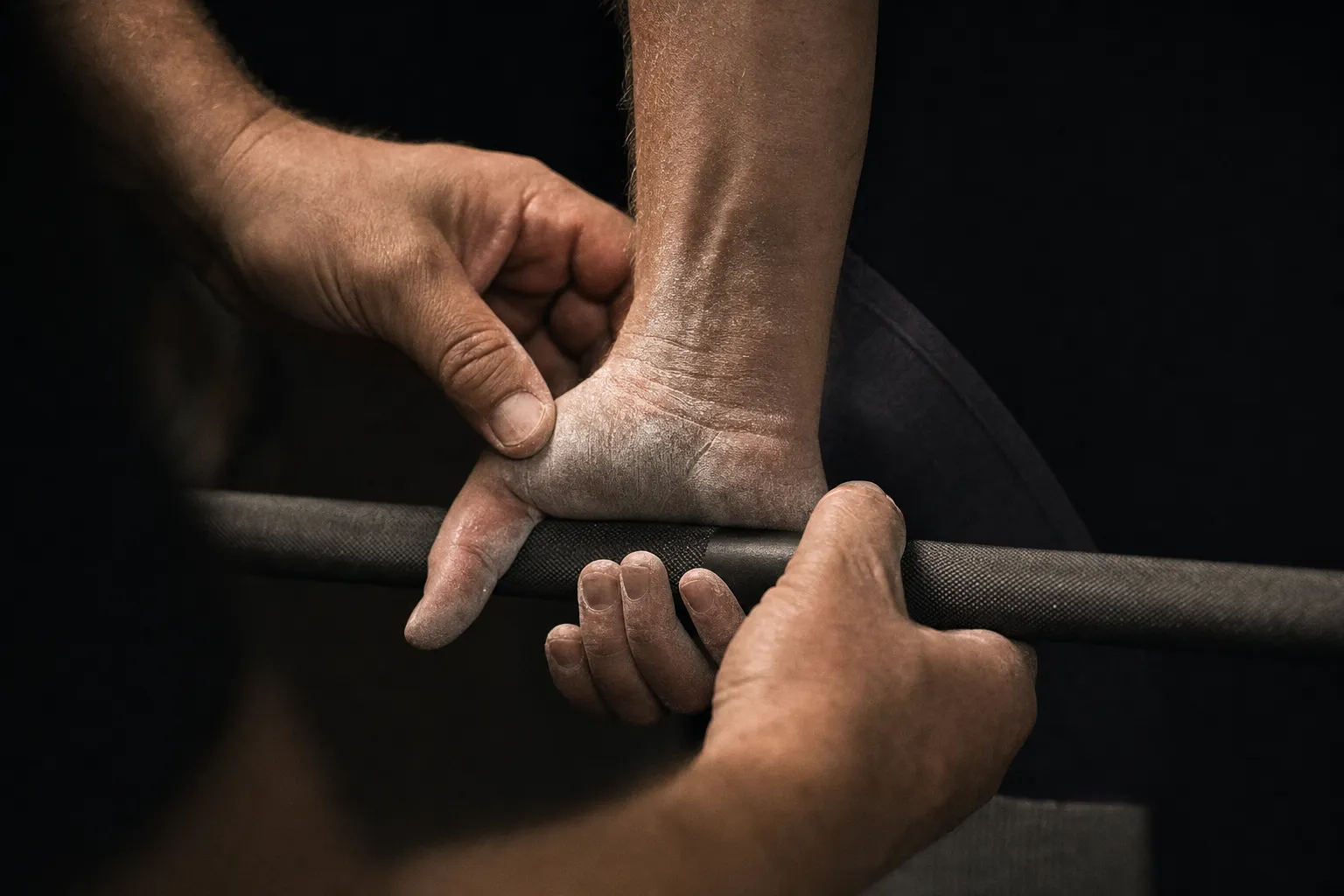 Mains d'un coach corrigeant la prise sur une barre lors d'un tirage