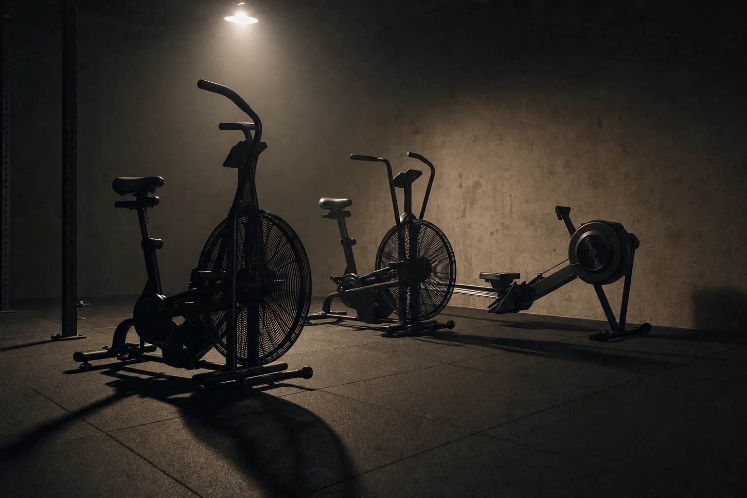Zone de conditionnement, vélos à air et rameur sous une lumière rasante